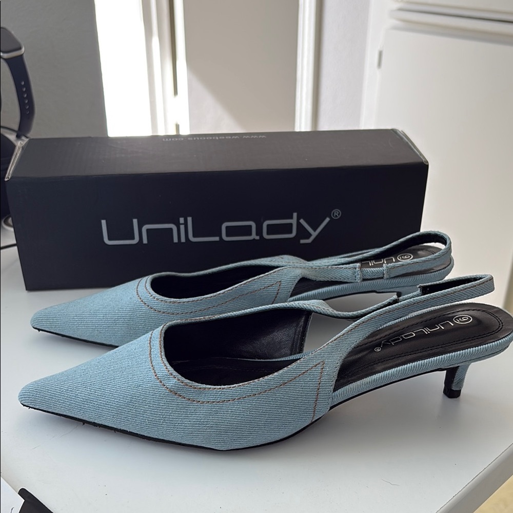Pointy Toe Denim Slingback Heels Sz 9